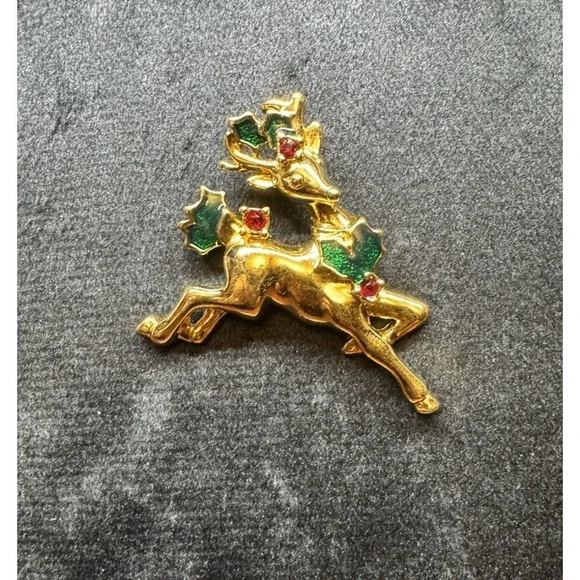 Vintage Gold Tone Reindeer Brooch Red Rhinestone Green Enamel Christmas Avon Pin - Picture 8 of 9